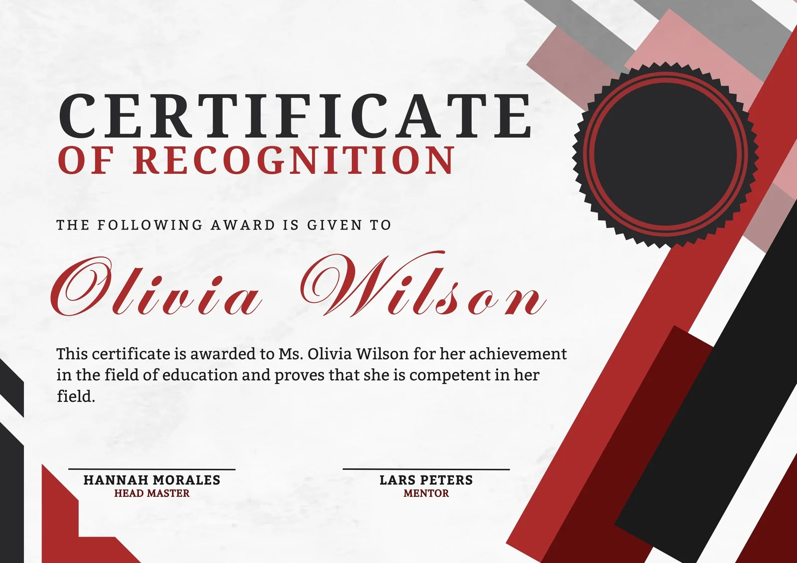 Red and Black Certificate of Recognition